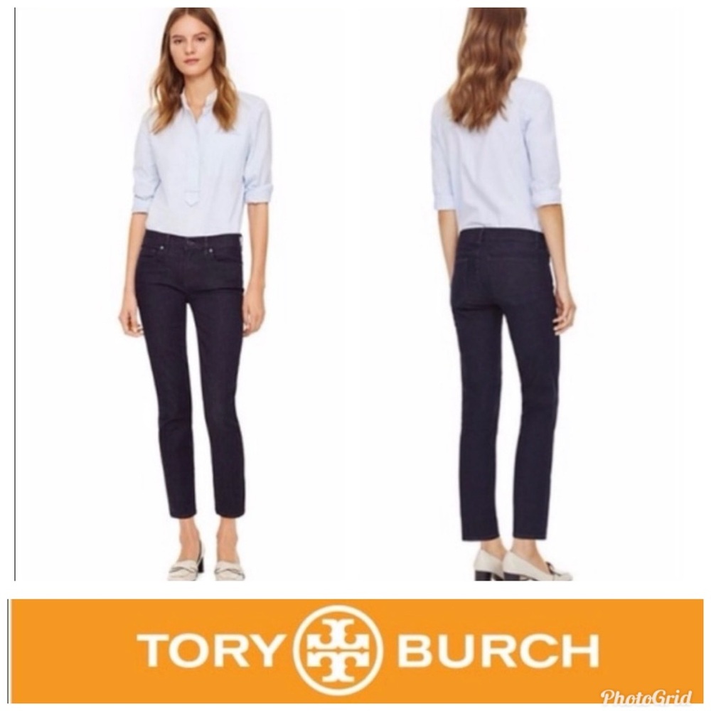 Tory Burch Cropped Skinny Jeans Mid Rise Dark Wash 25